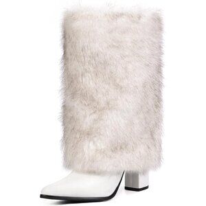Women's White 3.3-inch Chunky Mid Calf Furry Fuzzy Fluffy Pointed Toe Boots